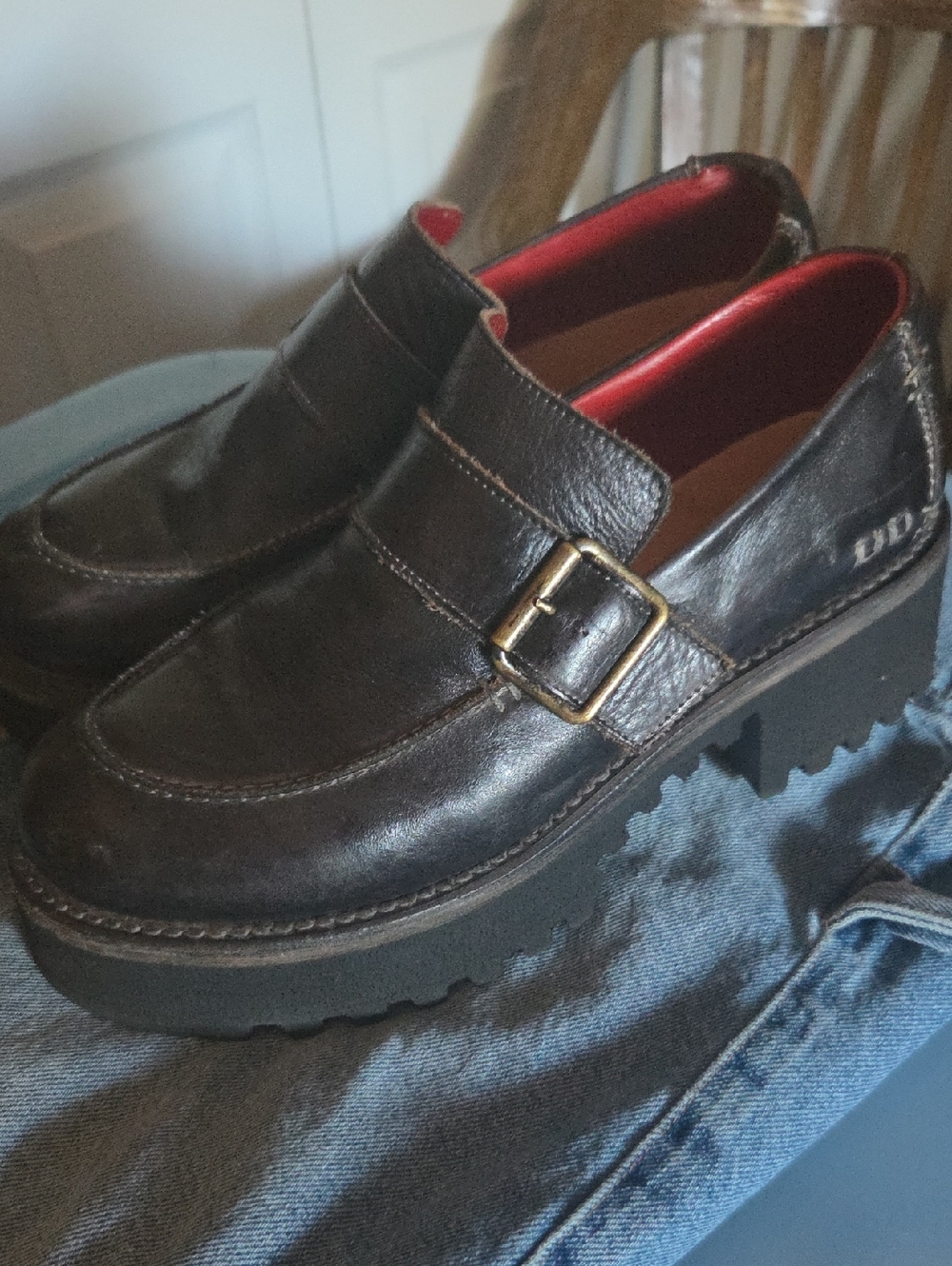 BED|STU Black Leather Platform Monk Strap Loafers with Red Lining